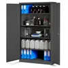 A dark gray metal cabinet with two doors opened, revealing shelves filled with laboratory equipment and supplies. Podgląd zdjęcia produktu