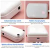 Collage of four close-up images of a white air pump, with text descriptions of its features. Produktbild-Vorschau