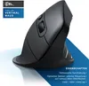 A black vertical mouse is shown from a side-angle, with blue graphic elements and text overlays. Produktbild-Vorschau