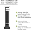 A product image showing a black toilet brush holder with a shelf and features listed in English and German. Produktbild-Vorschau