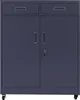 A dark gray metal filing cabinet with two drawers on top and two doors below, with a lock on the right door. It is on wheels. Produktbild-Vorschau