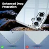 A clear phone case is shown with a focus on its drop protection features, contrasted with a damaged phone. Produktbild-Vorschau