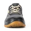 A front view of a black safety shoe with tan laces and a tan sole, set against a white background. Produktbild-Vorschau