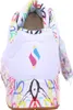The back view of a white sneaker with colorful graphic prints on the sole and lining. Náhled obrázku produktu