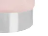 A close-up view of the bottom portion of a round pouf with a pink fabric top and a silver metal base. Náhled obrázku produktu