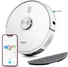 A white robot vacuum cleaner is shown with a smartphone displaying its app interface, and a mop attachment is placed in the foreground. Produktbild-Vorschau