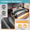 A bedroom scene featuring a large bed with LED lighting, accompanied by close-ups of fabric texture and feature illustrations. Náhled obrázku produktu