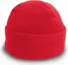 A red fleece bob hat is shown against a white background.
