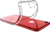 A clear phone case is shown being placed onto a red iPhone. Produktbild-Vorschau