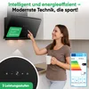 A woman is interacting with a modern kitchen range hood, holding a mug. An energy efficiency label is visible in the lower right corner, and a close-up of the range hood's control panel is shown in the lower left. Text overlays highlight features. Anteprima dell’immagine prodotto