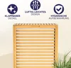 A wooden laundry basket with a slatted design, shown against a plain background with marketing icons and text. Produktbild-Vorschau
