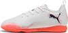 A side view of a single white Puma soccer shoe with orange sole and colorful accents. Produktbild-Vorschau