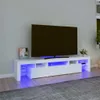 A white TV stand with LED lighting is shown in a room with a large TV on top. Produktbild-Vorschau