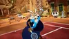 A cartoon coyote character in a blue shirt is playing tennis in a desert town setting. Náhled obrázku produktu