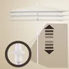 A white umbrella with multiple layers, a close-up of its height adjustment mechanism, and a diagram illustrating height adjustment. Produktbild-Vorschau