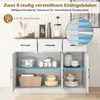 A white sideboard with wooden top, showing interior shelves with kitchenware and baskets. Náhľad obrázku produktu