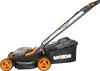 A black and orange electric lawnmower is shown against a white background. Produktbild-Vorschau