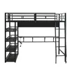 A black metal loft bed with an integrated desk and shelving unit, shown against a white background. Produktbild-Vorschau