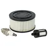 A set of chainsaw maintenance parts including an air filter, fuel filter, and spark plug, arranged on a white background. Produktbild-Vorschau