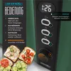 Close-up of a green toaster with controls and text instructions, and four small images of toast topped with various ingredients. Náhľad obrázku produktu