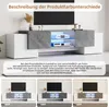 A TV stand with integrated lighting, shown in a studio setting with a dark TV screen above. Below are three smaller images showing the TV stand in different lighting conditions. Anteprima dell’immagine prodotto
