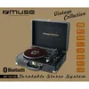 A vintage-style turntable stereo system is displayed with various feature callouts. Voir les images du produit
