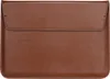A brown laptop sleeve shown flat against a white background.