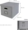 A diagram showing the dimensions of a gray storage box, with a smaller inset image showing the box folded. Anteprima dell’immagine prodotto