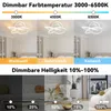 Collage showing a ceiling light in different color temperatures and brightness levels, with a living room scene at the bottom. Produktbild-Vorschau