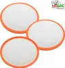 Three round, white filters with orange rims are arranged in a cluster against a white background. A logo is visible in the top right corner. Produktbild-Vorschau