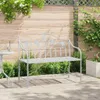 A white metal garden bench sits on a paved patio in front of a wooden fence. Podgląd zdjęcia produktu