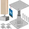 A set of adjustable post bases and a wooden post attached to one of them, shown against a white background. Several screws are also visible. Produktbild-Vorschau