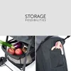 A collage showing storage possibilities of a stroller, with one image showing groceries in the storage basket and another showing a small toy in a pocket. Produktbild-Vorschau