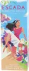 A colorful illustration of a woman on a beach, with the Escada Sorbetto Rosso perfume box. Voir les images du produit
