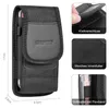 A product image showing a black nylon belt pouch for a smartphone, with close-up insets highlighting features like the Velcro closure, soft interior lining, and a pen holder with a flex band. Dimensions are also indicated. Produktbild-Vorschau