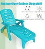A turquoise plastic lounge chair is shown from a side angle, with marketing text and icons in the background. Produktbild-Vorschau