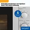 Close-up of a microwave oven's control panel and door, with marketing text overlay. Produktbild-Vorschau
