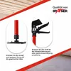 Close-up views of a red telescopic support pole with black fittings, used for construction or DIY projects, with German text and a brand logo. Produktbild-Vorschau