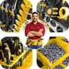 A collage of images related to tools and a handyman, including a man in a tool belt, various tools, and a bin of nuts. Voir les images du produit
