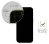 A close-up view of a smartphone screen protector, highlighting its edge-to-edge coverage and matte finish, next to a graphic indicating a perfect fit. Produktbild-Vorschau