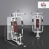 A white home gym machine with brown padding, shown from two angles, with dimensions overlaid. Náhľad obrázku produktu