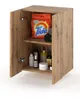 A wooden cabinet with its doors open, displaying various bathroom products and a bag of laundry detergent. Voir les images du produit