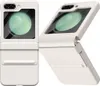 Two white flip phone cases are shown against a white background. One is closed and standing upright, while the other is open and angled.