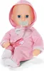 A baby doll wearing a pink hooded onesie with a pacifier in its mouth, sitting against a white background. Náhled obrázku produktu