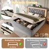 A bed with hydraulic storage is shown, with close-ups of its features and a comparison of embedded vs. non-embedded designs. Náhľad obrázku produktu