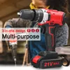 A person is holding a cordless drill, with text overlays highlighting its features. Náhled obrázku produktu