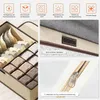 A collage of images showcasing a fabric storage organizer, with close-ups of its features and icons highlighting its benefits. Produktbild-Vorschau