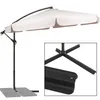 A cantilever umbrella with a beige canopy and black pole and base, shown with an inset close-up of the base. Anteprima dell’immagine prodotto