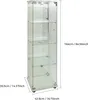A tall, narrow glass display cabinet with multiple shelves, shown against a white background with dimensions indicated. Produktbild-Vorschau