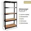 A black metal shelving unit with brown shelves, shown with dimensions and feature callouts. Produktbild-Vorschau